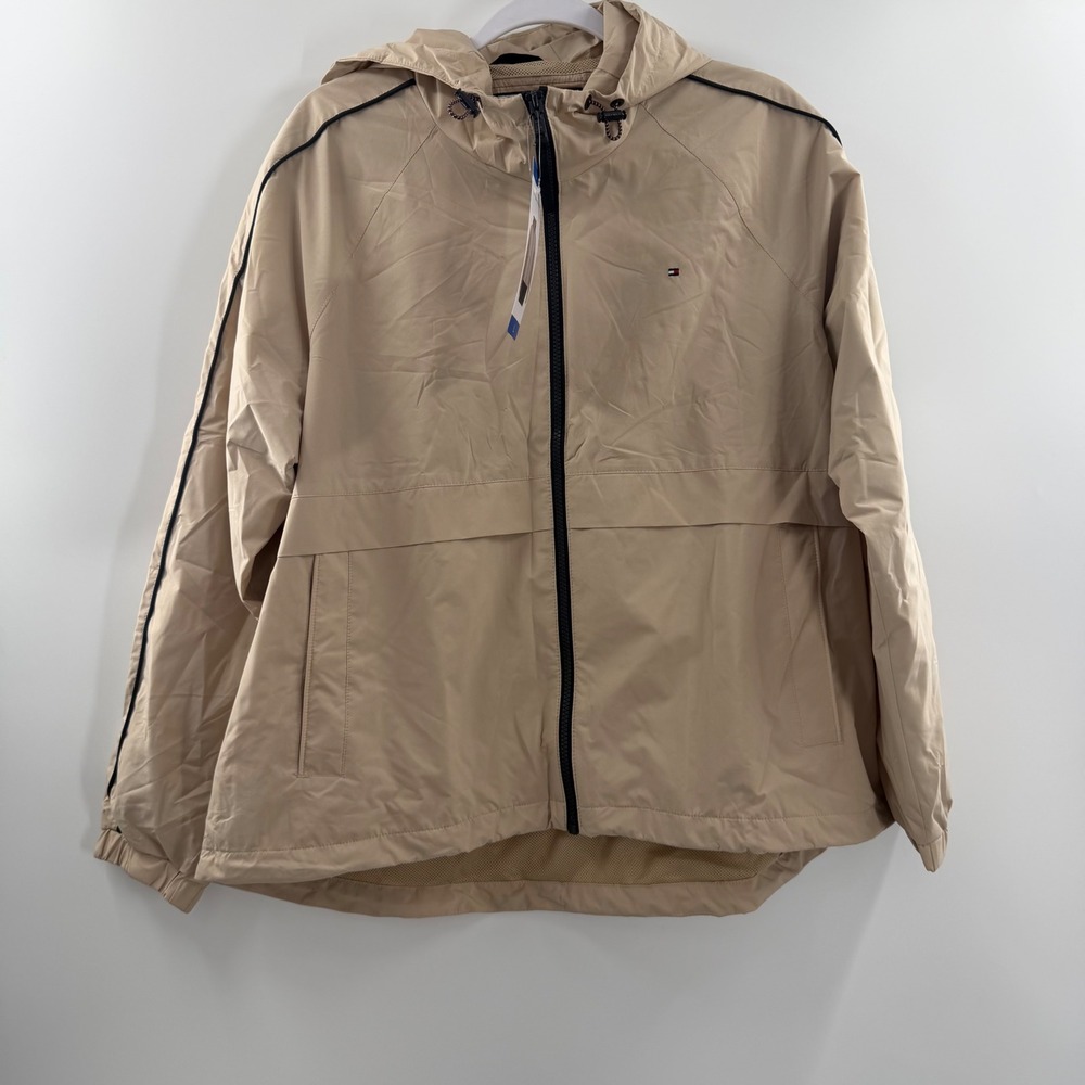 Tommy Hilfiger Womens Hooded Windbreaker Jacket Chino Beige Full Zip NWT L